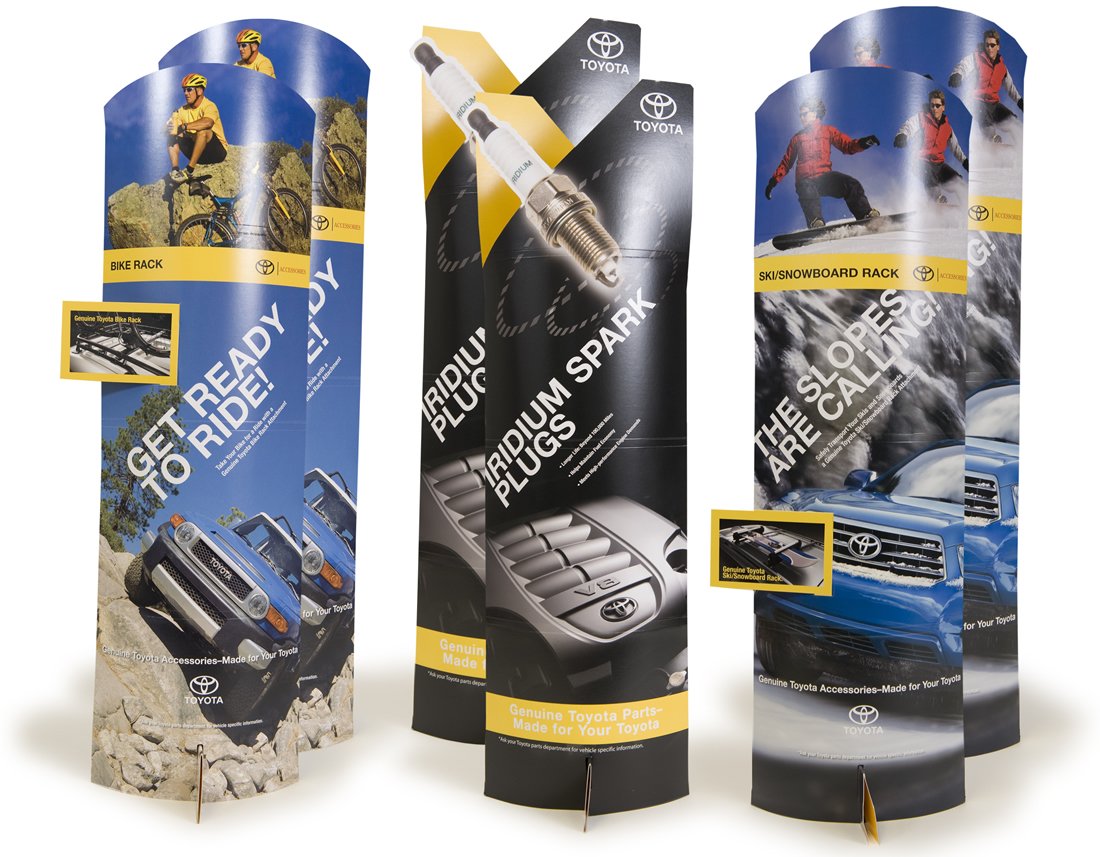 There is a lot going on in a busy dealership. That’s why LMC created countertop and floor POP displays for Genuine Toyota Accessories and Parts that really stand out. With some displays reaching up to five feet in height, the pieces showcase the benefits of Genuine Toyota parts, alloy wheels, spark plugs, and bike and ski racks.