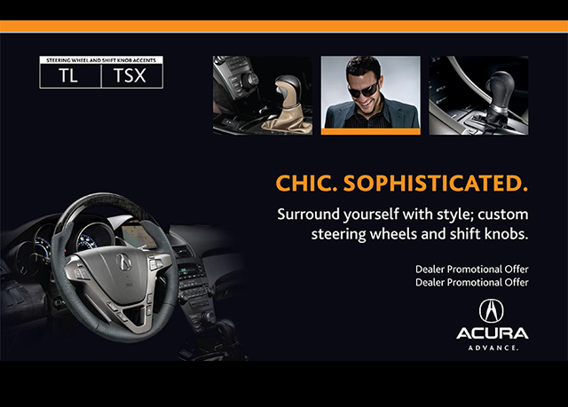 Each dealership is unique, yet each dealership needs to uphold the brand experience. For this project, we found a way to give our client the best of both worlds. We created posters for Acura dealers that were exciting, engaging and pulled customers in to learn more about Acura accessories. We created templates so dealers could personalize the posters with their logos and special offers.