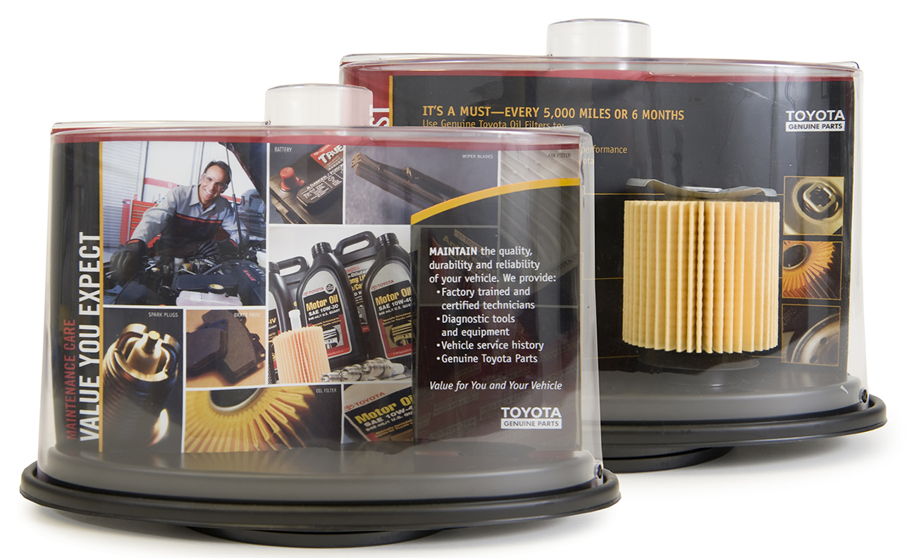 To bring car maintenance to life and help customers understand the importance of an oil change and using Genuine Toyota filters, LMC created a captivating Genuine Toyota Parts Oil Filter Display. With the ability to sit and rotate on a countertop, while remaining small enough to pass around at a Toyota New Owner Celebration, the display effectively communicates the importance of Genuine Toyota parts and service.