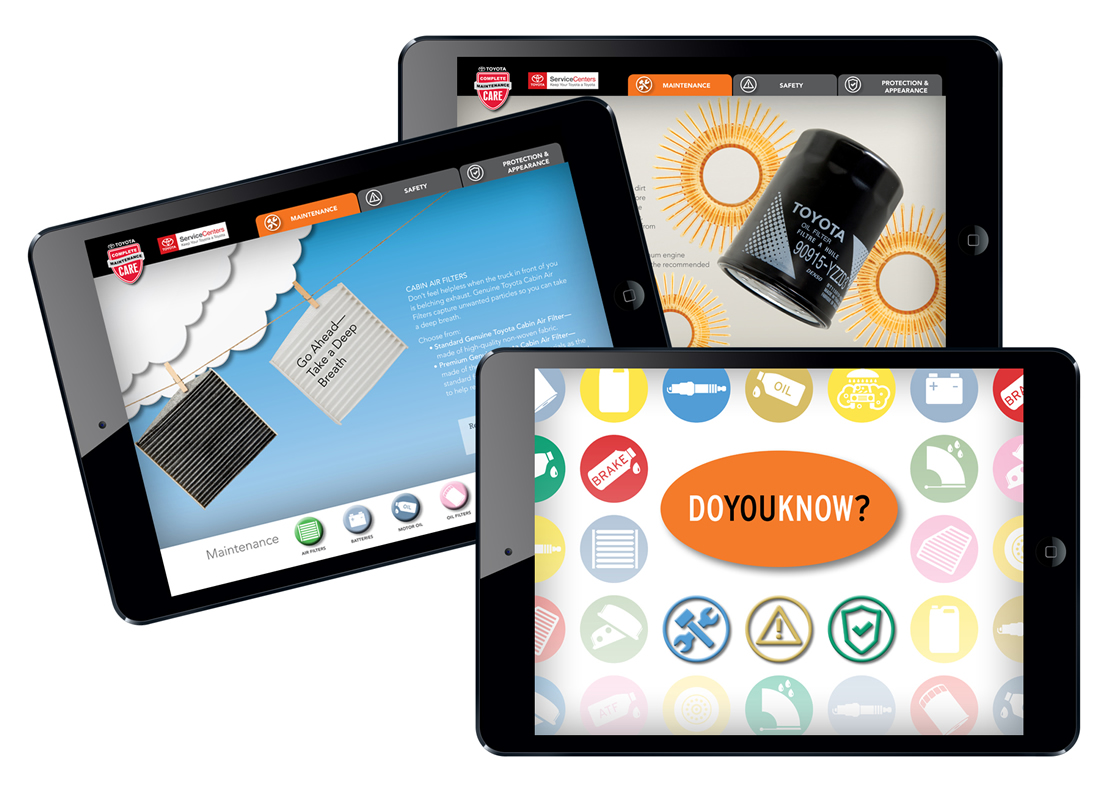 Toyota-Parts-and-Service-Maintenance-Interactive-PDF Our philosophy is to create engaging content no matter what the delivery platform. We gave Toyota Parts and Service Maintenance content a fun twist with catchy headlines and creative photography. This was packaged in an interactive PDF so that users could view content easily on a computer or tablet.